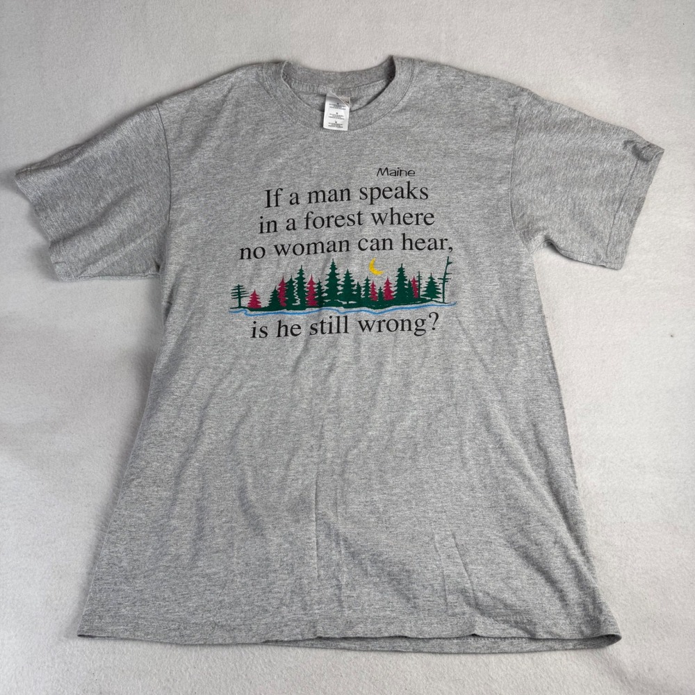 Gildan Maine Funny Forest Graphic T-Shirt Mens Medium Grey Heather Souvenir Tee